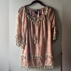 Knox Rose Pink Blouse with Ruffled Neckline and 3/4 Sleeves